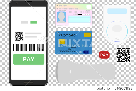 スマホ決済アプリやクレジットカードでの支払いのキャッシュレスのイメージイラストセットのイラスト素材