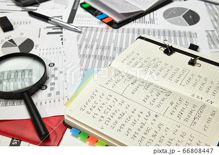 Top view of office employee's desk - work with 66808447
