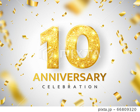 10th Anniversary celebration. Gold numbers with glitter gold confetti, serpentine. Festive background. Decoration for party event. Tenth year jubilee celebration. Vector illustration 66809320
