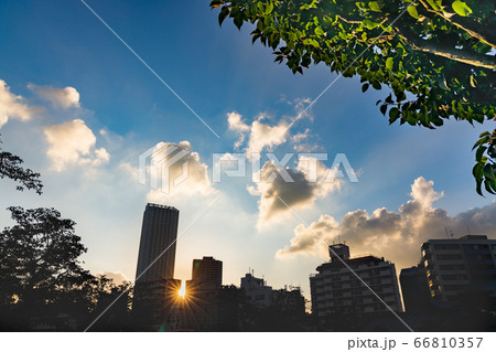 太陽の光が綺麗な 夕暮れの都会の空とビルの写真素材