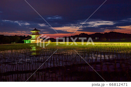 古代の丘に夕焼けに照らされる鞠智城 古代の丘に夕焼けに照らされる鞠智城 66812471