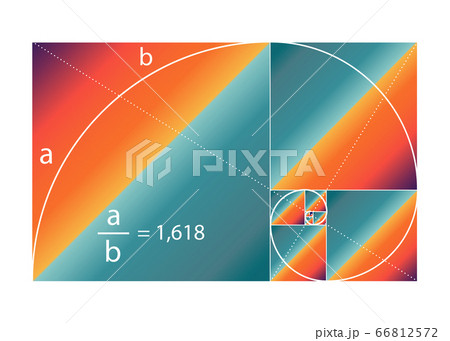 Golden ratio. Fibonacci number with the mathematical formula, golden section, divine proportion and black spiral in colorful design gradient style, vector isolated on white background Golden ratio. Fibonacci number with the mathematical formula, golden section, divine proportion and black spiral in colorful design gradient style, vector isolated on white background 66812572