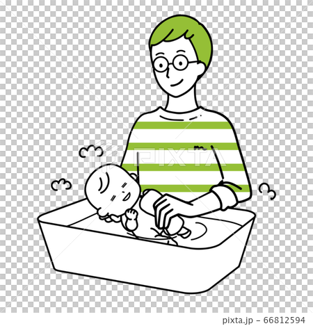 赤ちゃんの沐浴をする男性のイラスト素材
