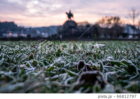 Colorful Sunrise burning sky Koblenz City historic monument German Corner where river rhine and mosele flow together 66812797