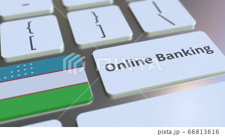 Online Banking text and flag of Uzbekistan on the keyboard. Internet finance related conceptual 3D rendering 66813616