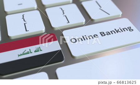 Online Banking text and flag of Iraq on the keyboard. Internet finance related conceptual 3D rendering 66813625
