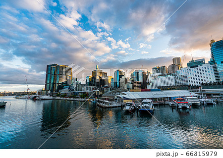 Sydney downtown skyline at Darling Harbor bay, business and recreational arcade, in Sydney, NSW, Australia at sunrise 66815979