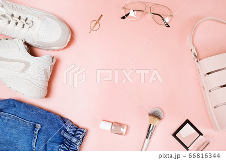 Summer fashion accessories on pink background. Summer fashion accessories on pink background. 66816344