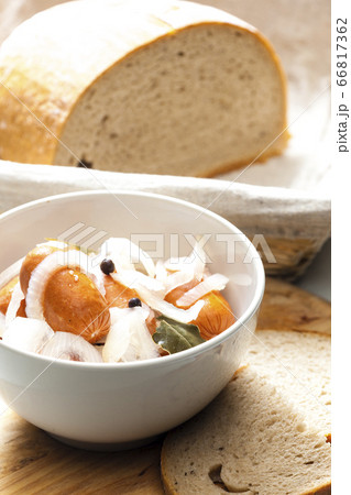 homemade pickled sausages with onion and bread homemade pickled sausages with onion and bread 66817362