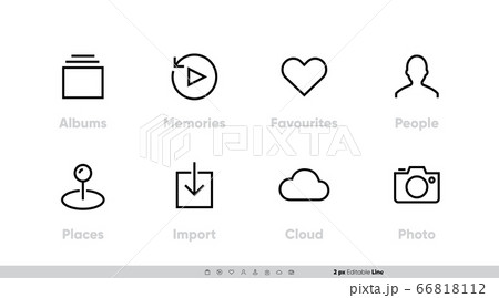 Photo and Media Types icon set. Such as Albums, Memories, Favourite, People, Places, Import, Cloud, Camera for app and website. Editable Line icons Photo and Media Types icon set. Such as Albums, Memories, Favourite, People, Places, Import, Cloud, Camera for app and website. Editable Line icons 66818112