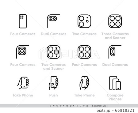 Phone Multi-camera Systems icons set. Ultra Wide, Wide, Telephoto Cameras, Scanner, AR, Lidar Phone Multi-camera Systems icons set. Ultra Wide, Wide, Telephoto Cameras, Scanner, AR, Lidar 66818221