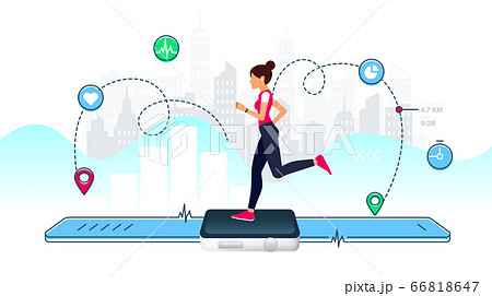 Concept of Smart watch for fitness. Young girl runs on the display of a large smart watch. Healthy sporty lifestyle. Counting calories, heart rate control, count steps and GPS tracking function. 66818647