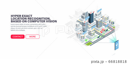 Hyper exact location recognition, based on computer vision. Error-free city navigation. Accurate orientation in the city. Concept for travel, delivery or augmented reality application. Isometric vecto Hyper exact location recognition, based on computer vision. Error-free city navigation. Accurate orientation in the city. Concept for travel, delivery or augmented reality application. Isometric vecto 66818818