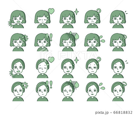 緑色の人物イラスト 表情バリエーション 23のイラスト素材 6681
