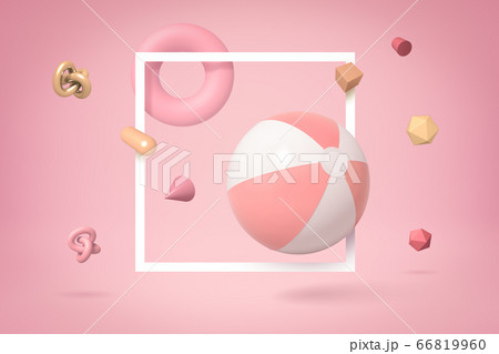 3d rendering of striped pink and white beach ball floating through square white frame on pink background with lots of geometric objects flying around. 66819960
