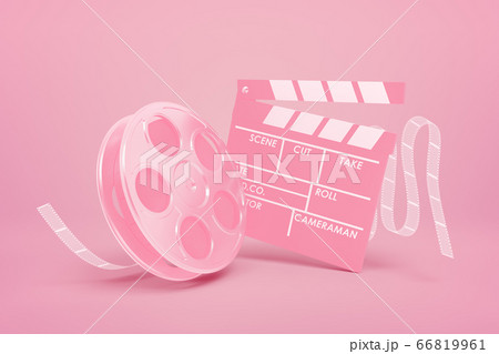 3d rendering of pink movie clapper and film reel on pink background 66819961