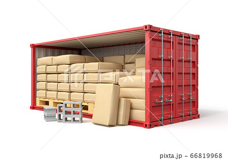 3d rendering of red shipping container filled with packs, bricks and wooden pallets isolated on white background 66819968