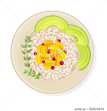 Thai Main Course with Rice and Mango Cubes Top View Vector Illustration 66820056