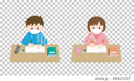 マスクをつけて勉強をする子供達のイラスト素材
