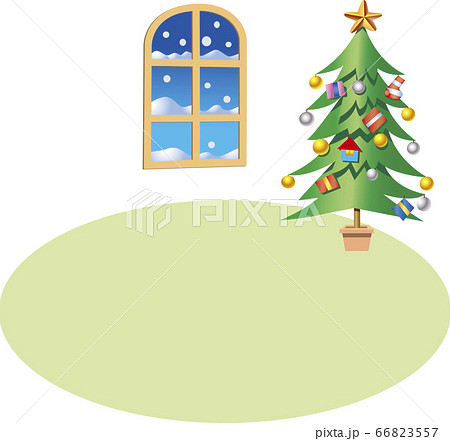 クリスマスツリーが飾ってある床が薄いグリーンの窓のある部屋 66823557