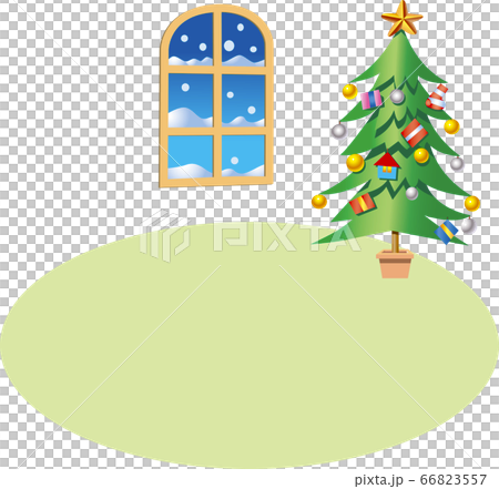 クリスマスツリーが飾ってある床が薄いグリーンの窓のある部屋 66823557