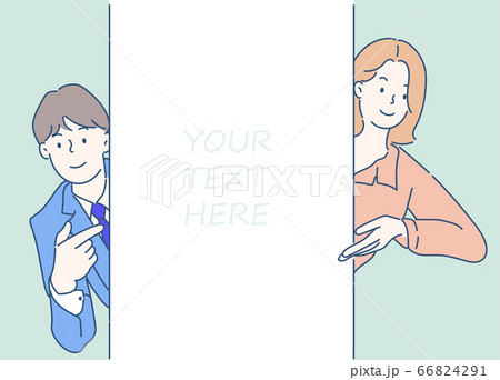 Cheerful Men and girl is standing behind the white blank banner and pointing down at a copy space. Hand drawn in thin line style, vector illustrations. 66824291