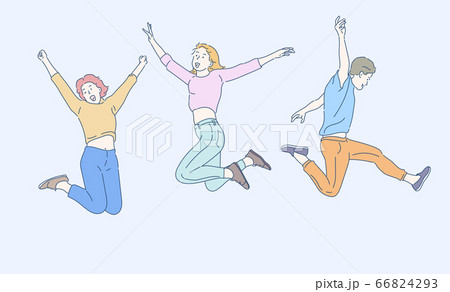 Happy young people jumping. Cheerful people celebrating success.  Hand drawn in thin line style, vector illustrations. 66824293