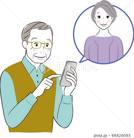 おばあさんにスマホで連絡するおじいさんのイラスト素材