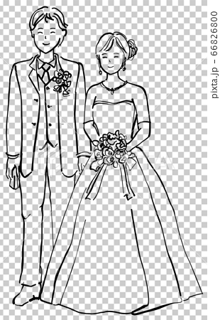 結婚式の新郎新婦 線画 1色のイラスト素材