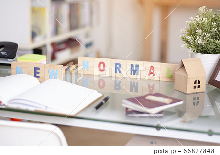 New Normal text on work table. Work from home. 66827848