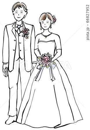 結婚式の新郎新婦 線画のイラスト素材
