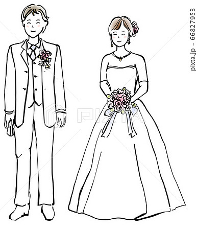 結婚式の新郎新婦 線画のイラスト素材