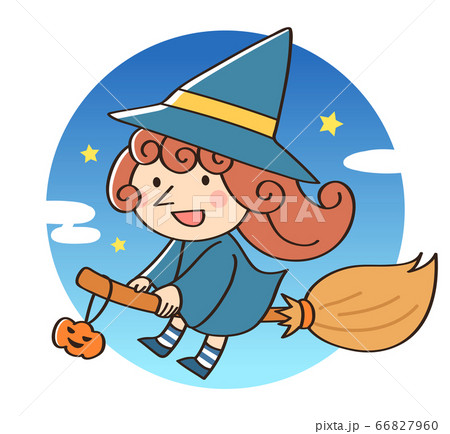 ハロウィン 夜にほうきで飛んでいる魔女のイラスト素材