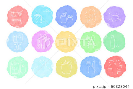 ラフな手書き水彩風アイコンセット：買い物と飲食系のベクターイラスト 66828044