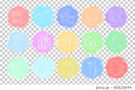 ラフな手書き水彩風アイコンセット：買い物と飲食系のベクターイラスト 66828044