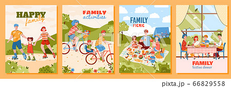Happy family doing summer activities - cartoon poster set Happy family doing summer activities - cartoon poster set 66829558