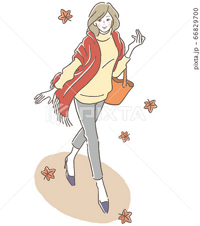 風に舞う紅葉を見上げ歩く女性 俯瞰のイラスト素材