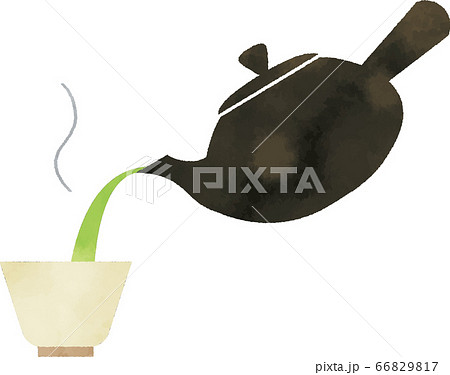 急須で緑茶をお湯呑みに注ぐイラスト 水彩風のイラスト素材