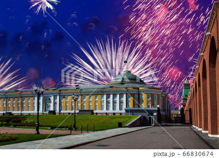 Fireworks over the Moscow Kremlin during Victory Day (WWII), Russia 66830674