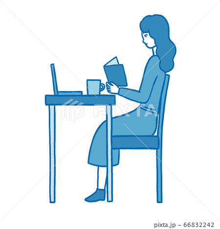 カフェでパソコン作業をしながら本を読む女性 青のイラスト素材