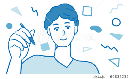 ペンを手に持った男性 バストアップ正面 青のイラスト素材