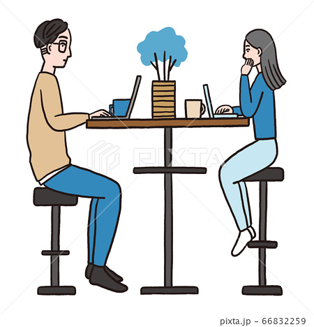 カフェでパソコン作業をしている男性と女性のイラスト素材