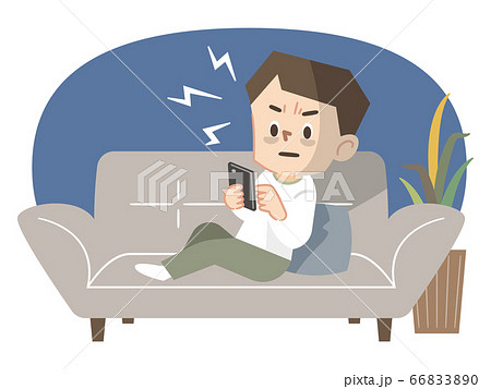 ソファーで横になる携帯電話依存症の若い男性のイラスト素材 6630