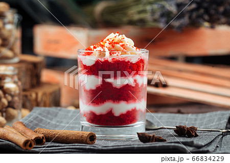 Gourmet layer dessert parfait red velvet cake 66834229