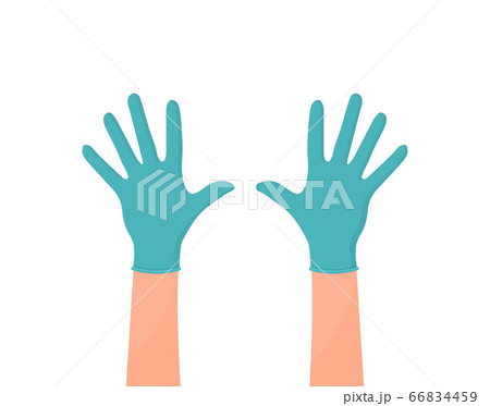 Hands putting on protective blue gloves. Latex 66834459