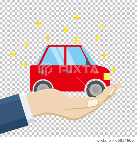 Illustration of a minicar riding on the palm of your hand Deformed car | Image of transfer of car sale 66834609