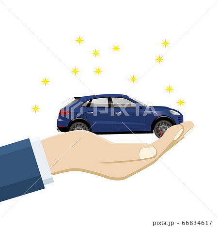 手のひら掌に乗ったミニカーのイラスト Rv車 車の売買譲渡のイメージのイラスト素材