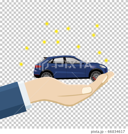 Illustration of a mini car riding in the palm of your hand RV car | Image of transfer of car sale 66834617