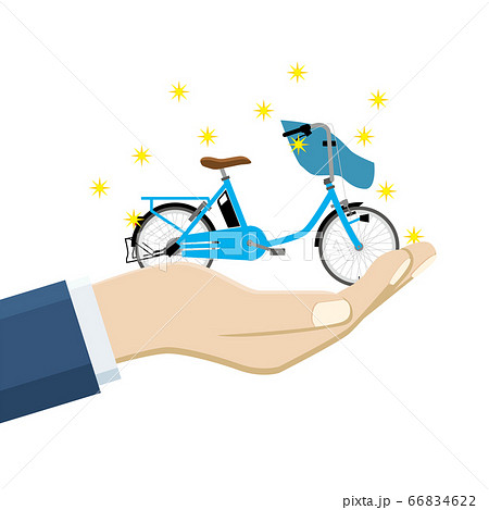 手のひら掌に乗ったミニチュアママチャリ自転車のイラスト 整備保険売買譲渡のイメージのイラスト素材