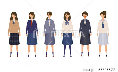 様々な制服を着て直立した女子高生のイラストのイラスト素材
